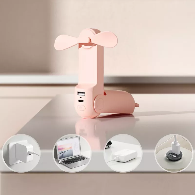 Jisulife Life8 Ručný ventilátor Prenosný USB ventilátor s powerbankou 2000mAh a baterkou - Ružová