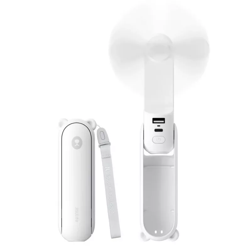 JISULIFE Ručný ventilátor 8 biely Prenosný USB ventilátor s powerbankou 2000mAh a baterkou