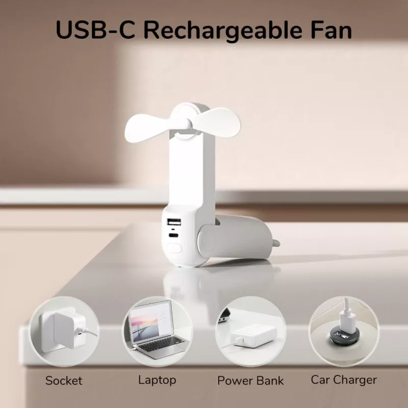 JISULIFE Ručný ventilátor 8 biely Prenosný USB ventilátor s powerbankou 2000mAh a baterkou