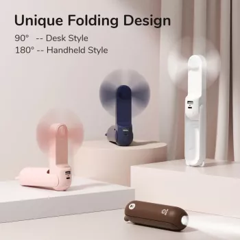 JISULIFE Ručný ventilátor 8 biely Prenosný USB ventilátor s powerbankou 2000mAh a baterkou