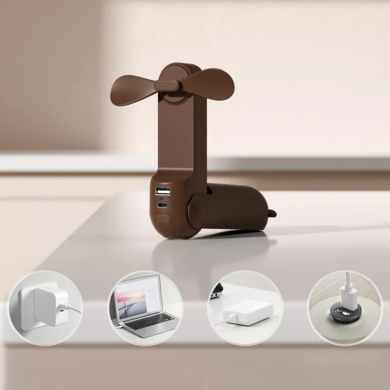 Jisulife Ručný ventilátor Life8 Plus Prenosný USB ventilátor s powerbankou 4500mAh a baterkou - Hnedá