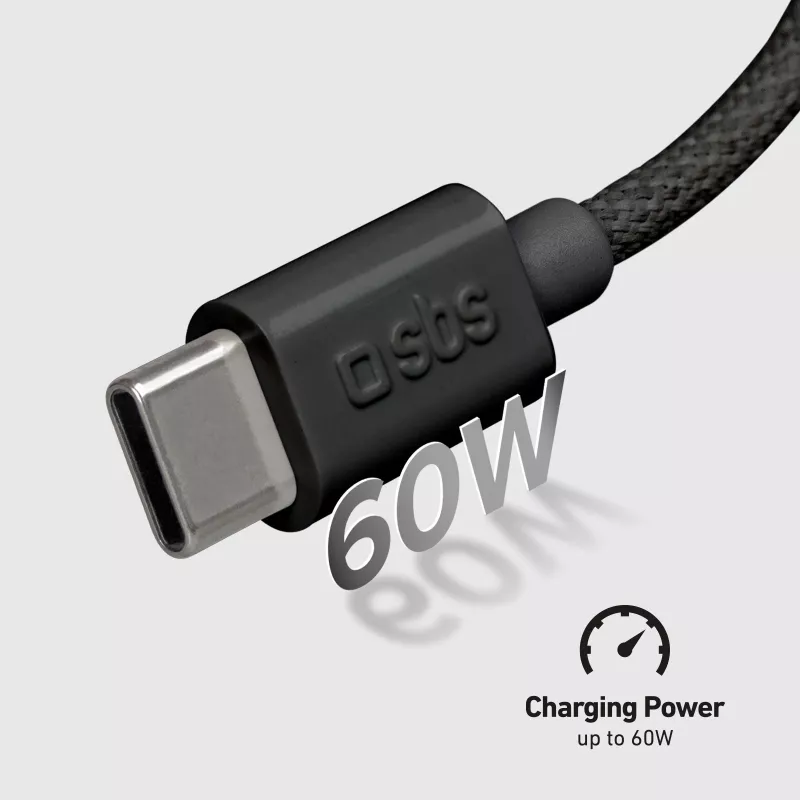 SBS TECABLETISSUETCCK USB-C na USB-C opletený kábel 1,5 m 60 W PD rýchle nabíjanie a synchronizácia dát - čierny