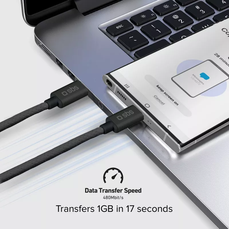 SBS TECABLETISSUETCCK USB-C na USB-C opletený kábel 1,5 m 60 W PD rýchle nabíjanie a synchronizácia dát - čierny