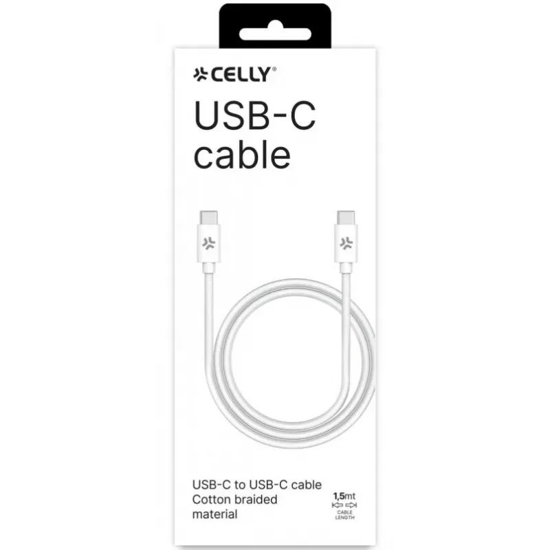 CELLY USBCUSBCCOTT - USB-C na USB-C kábel z bavlneného opletu biela (Power Delivery)