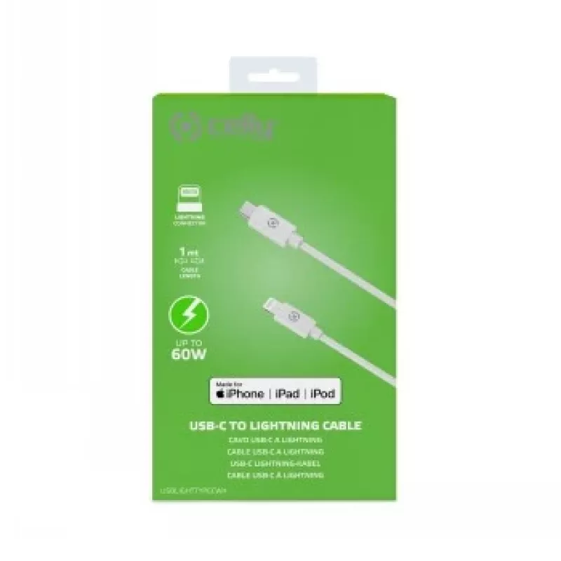 CELLY Lightning na USB-C kábel 60W - 1,2m biely MFi certifikovaný
