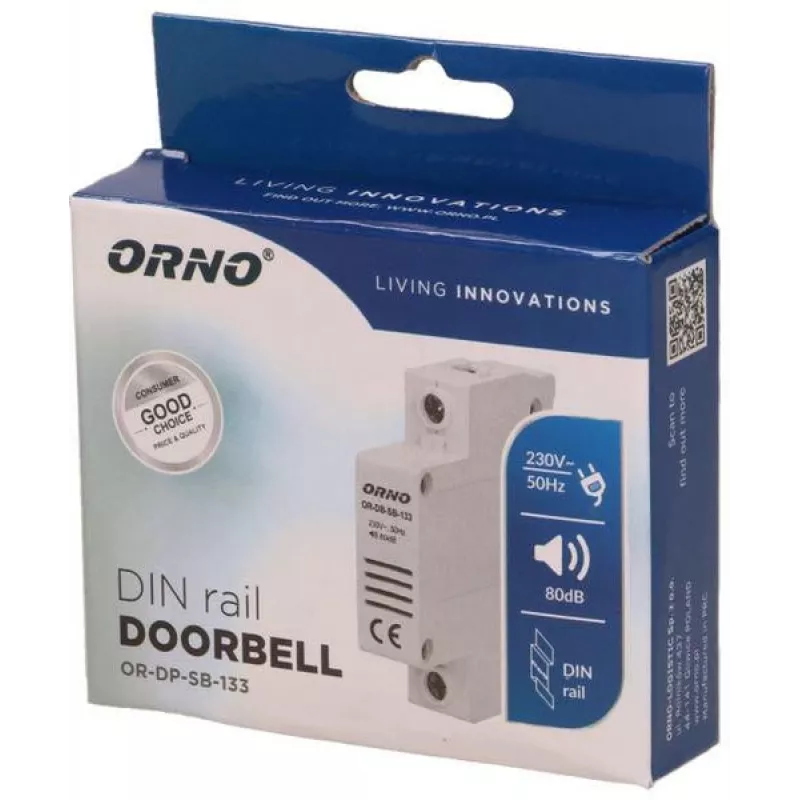ORNO OR-DP-SB-133 káblový zvonček, DIN lišta 1 modul, 230V AC, 85 dB, biela/sivá