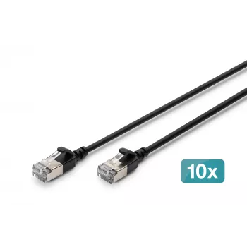DIGITUS CAT 6A F/FTP Slim patch kábel, 0,3 m, čierna, balenie 10 ks, LSZH, 10 Gbit/s, 500 MHz