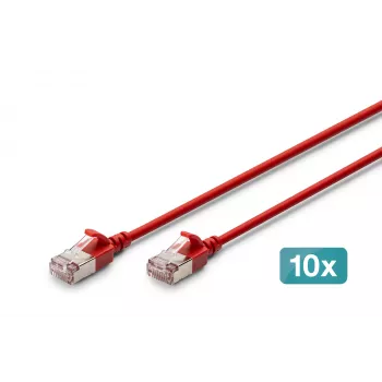 DIGITUS CAT 6A F/FTP Slim patch kábel, 0,5 m, červená, balenie 10 ks, LSZH, 10 Gbit/s