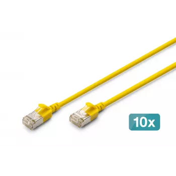 DIGITUS CAT 6A F-FTP Slim patch kábel, 0,5 m, žltá, balenie 10 ks, LSZH, 10Gbps, 500MHz, 28AWG medené, pozlátené RJ45