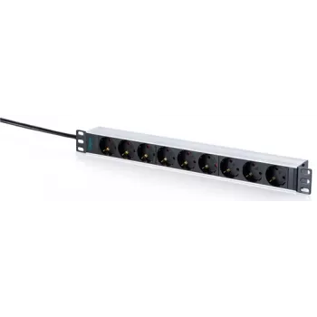 DIGITUS 9-násobná zásuvková lišta Schuko s hliníkovým profilom, 1U montáž do racku, 2m kábel, 16A, 3680W, čierna/strieborná