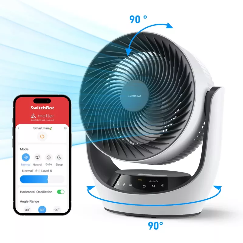 SwitchBot batériou napájaný smart cirkulačný ventilátor so 100 rýchlostnými stupňami, 90° horizontálna a 100° vertikálna oscilácia, Bluetooth & Wi-Fi (vyžaduje sa Hub), biely