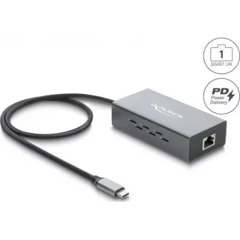 Delock USB Type-C Gigabit Ethernet sieťový adaptér s RJ45 PoE a USB Power Delivery