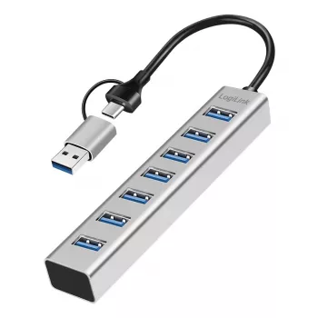 LogiLink USB 3.0 hub 7x USB-A 2-in-1 spojovací kábel strieborná