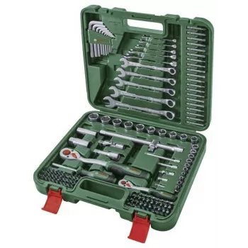 BOSCH POWERTOOLS 134-dielna DIY sada náradia v zelenom kufríku s ručným náradím, bitmi, upevňovacím materiálom a príslušenstvom