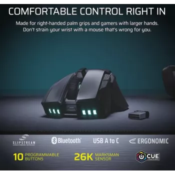CORSAIR Ironclaw Wireless SE herná myš - 26 000 DPI, optická, SLIPSTREAM Wireless, Bluetooth, USB, RGB, čierna