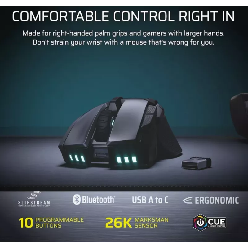 CORSAIR Ironclaw Wireless SE herná myš - 26 000 DPI, optická, SLIPSTREAM Wireless, Bluetooth, USB, RGB, čierna