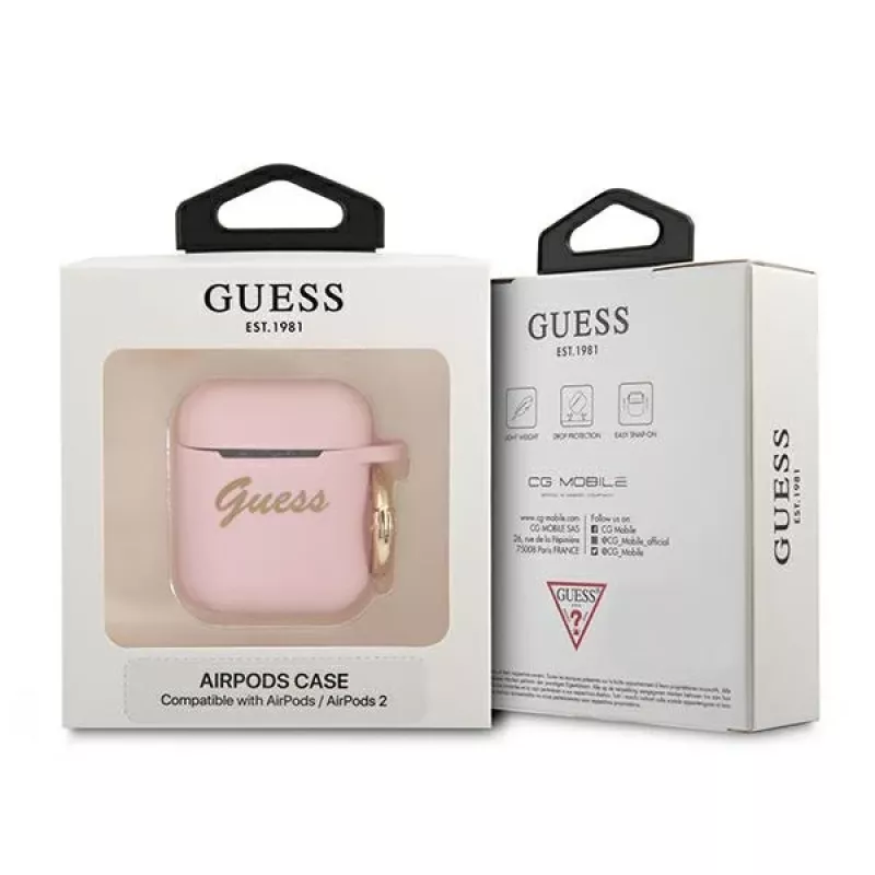 GUESS GUA2SSSI puzdro na AirPods 1/2 ružové silikón Vintage Script