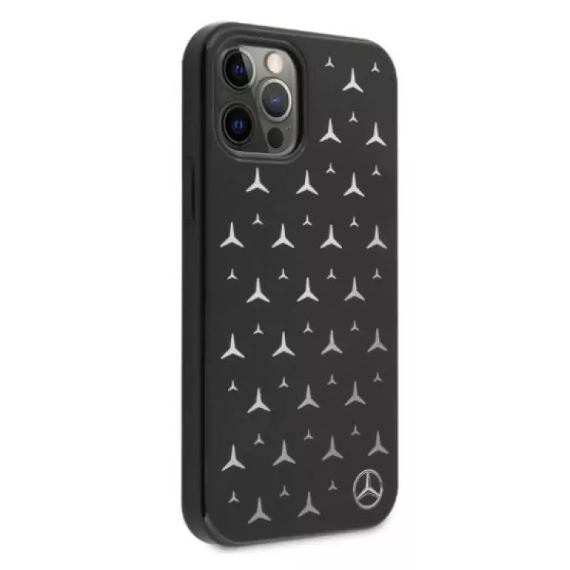 Mercedes-Benz iPhone 12 Pro Max tvrdé puzdro strieborný vzor hviezd čierne