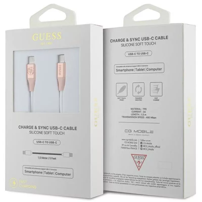 GUESS GUCCLALRGDP USB-C na USB-C rýchlonabíjací kábel 1,5 m ružový s reliéfnym logom