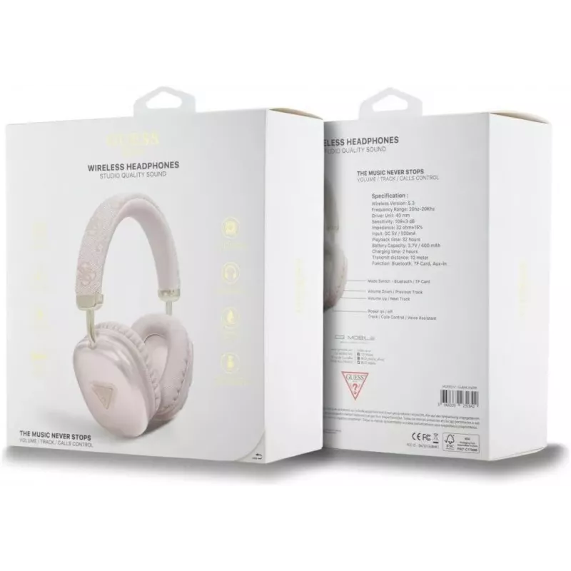 GUESS PU koža 4G Triangle Logo Bluetooth stereo slúchadlá ružová