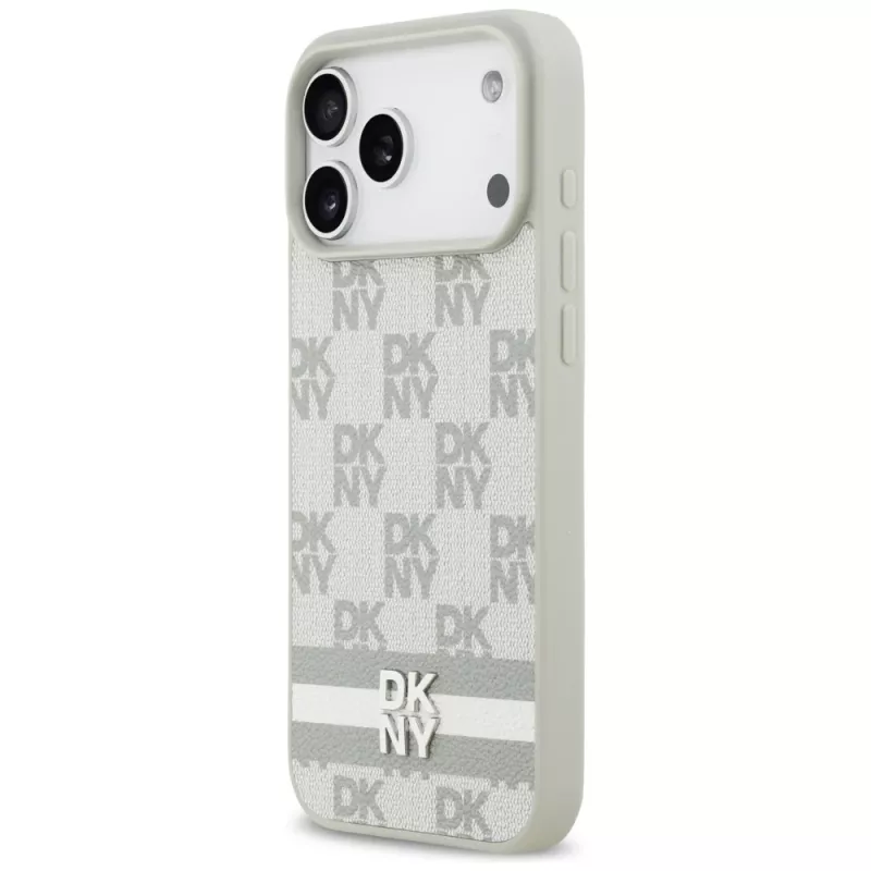 DKNY károvaný vzor s potlačenými pruhmi puzdro pre iPhone 17 Pro Max - béžová