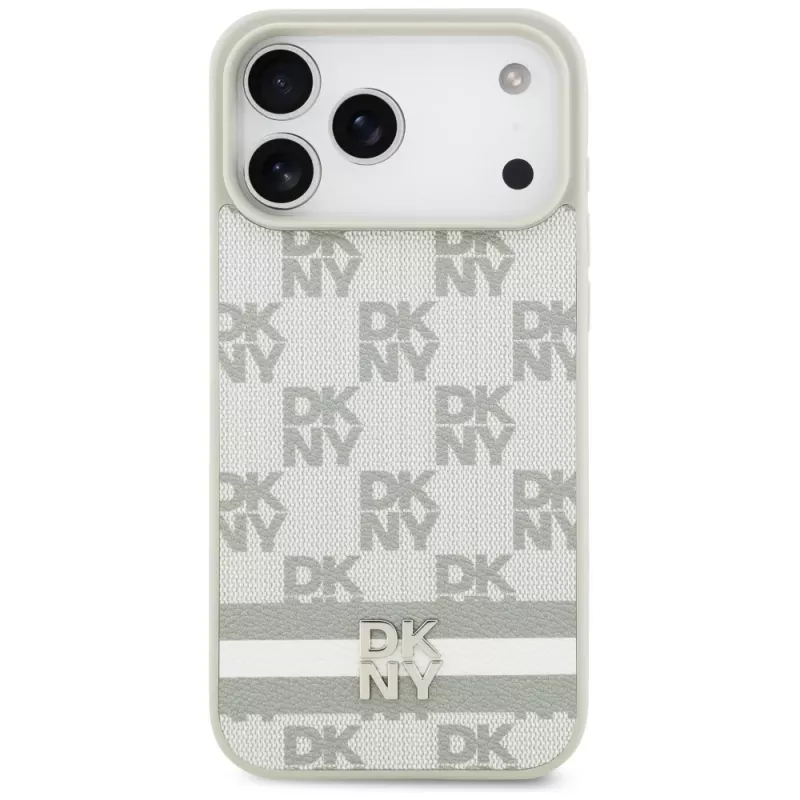 DKNY károvaný vzor s potlačenými pruhmi puzdro pre iPhone 17 Pro Max - béžová