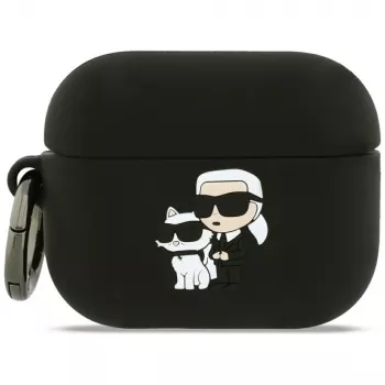 Silikónové puzdro Karl Lagerfeld Karl & Choupette Head 3D pre AirPods Pro 3, čierne
