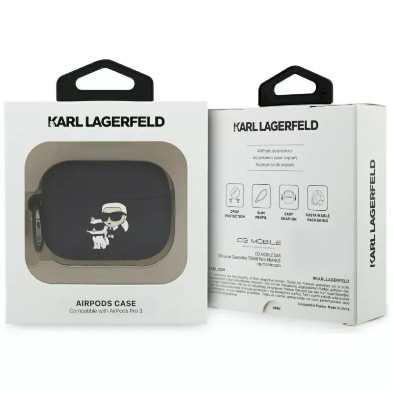 Silikónové puzdro Karl Lagerfeld Karl & Choupette Head 3D pre AirPods Pro 3, čierne