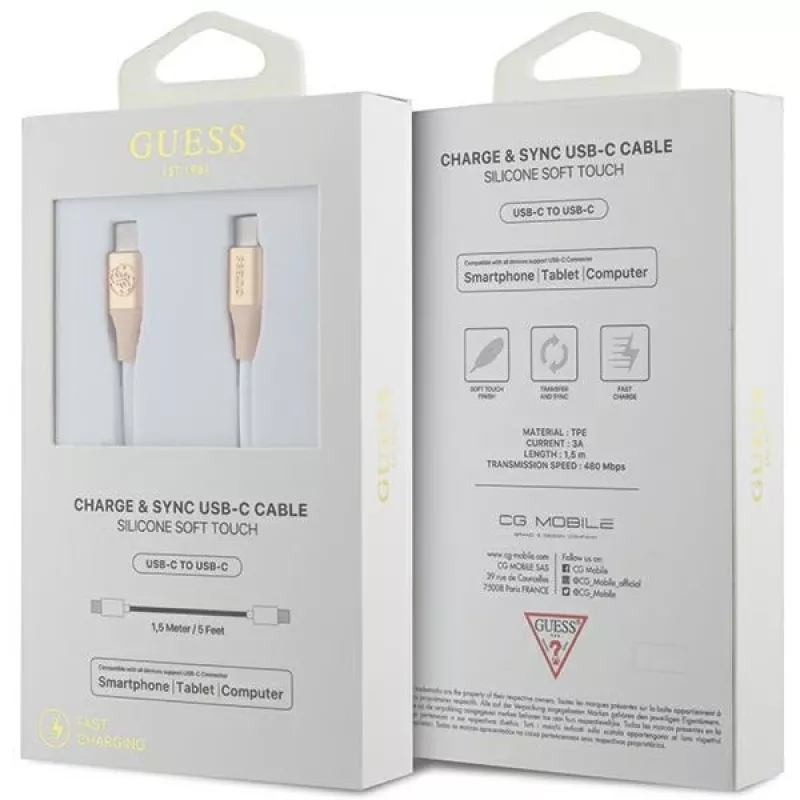 GUESS GUCCLALRGDD USB-C na USB-C kábel 1,5 m rýchlonabíjanie svetlozlatá s razeným logom