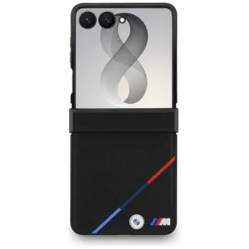 BMW M kožené perforované trikolórové pruhy MagSafe puzdro pre Samsung Galaxy Z Flip8 - čierna