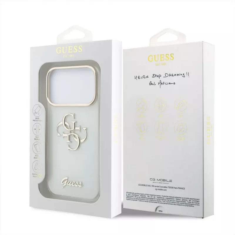 GUESS 4G Script Metal ochranné puzdro pre iPhone 18 Pro Max / 17 Pro Max - biela