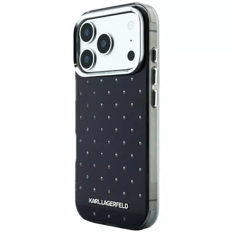 Karl Lagerfeld IML Rhinestones Allover a elektroplátované logo puzdro pre iPhone 18 Pro / 17 Pro - čierna