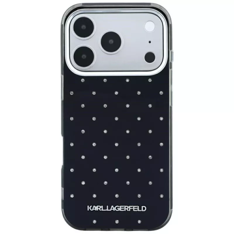 Karl Lagerfeld IML Rhinestones Allover a elektroplátované logo puzdro pre iPhone 18 Pro / 17 Pro - čierna
