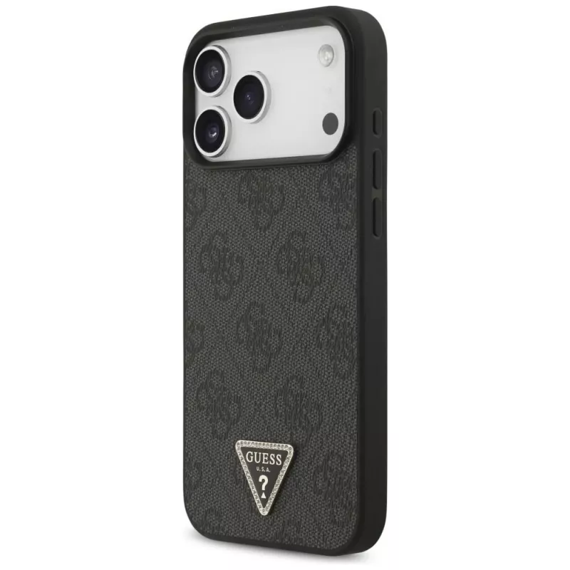GUESS kožené 4G Triangle Strass MagSafe puzdro pre iPhone 18 Pro Max / 17 Pro Max - čierna