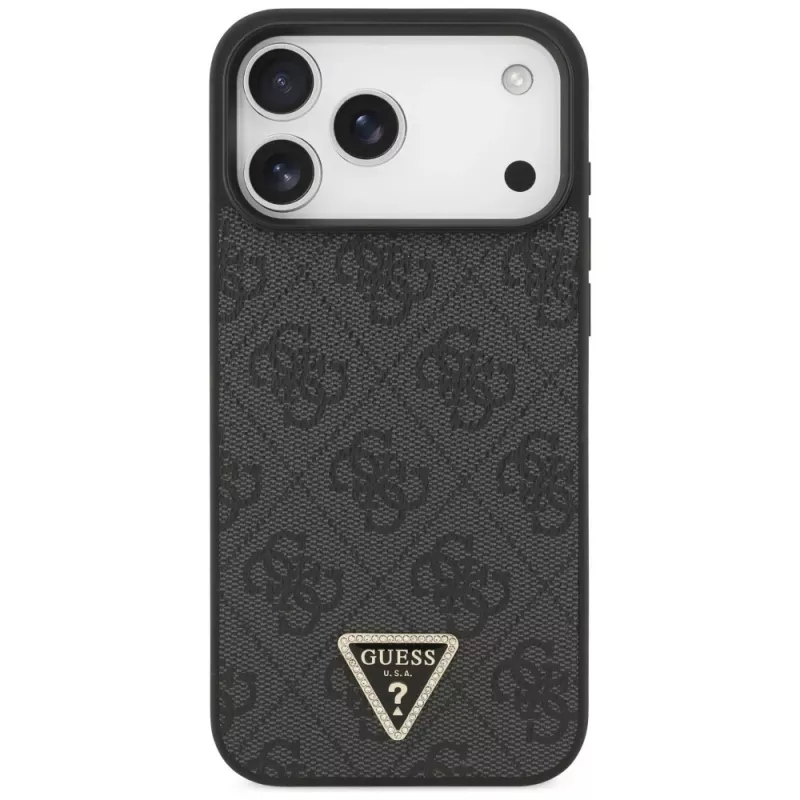 GUESS kožené 4G Triangle Strass MagSafe puzdro pre iPhone 18 Pro Max / 17 Pro Max - čierna