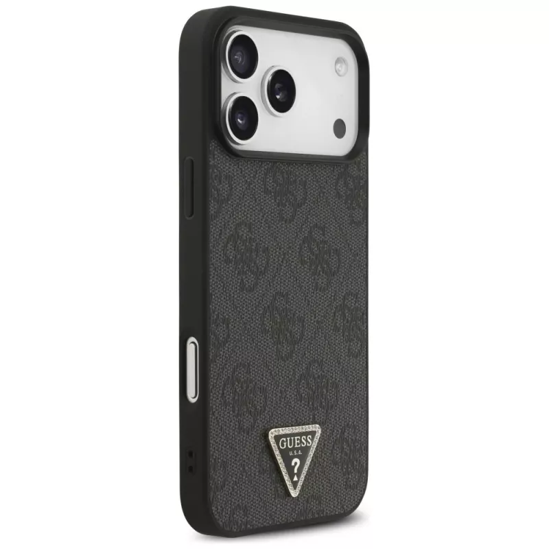 GUESS kožené 4G Triangle Strass MagSafe puzdro pre iPhone 18 Pro Max / 17 Pro Max - čierna