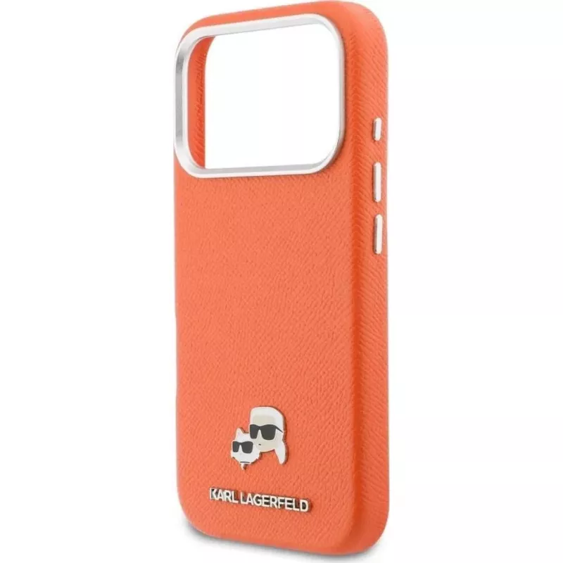 Karl Lagerfeld Karl & Choupette Head Pins Saffiano MagSafe puzdro pre iPhone 17 Pro Max – oranžová