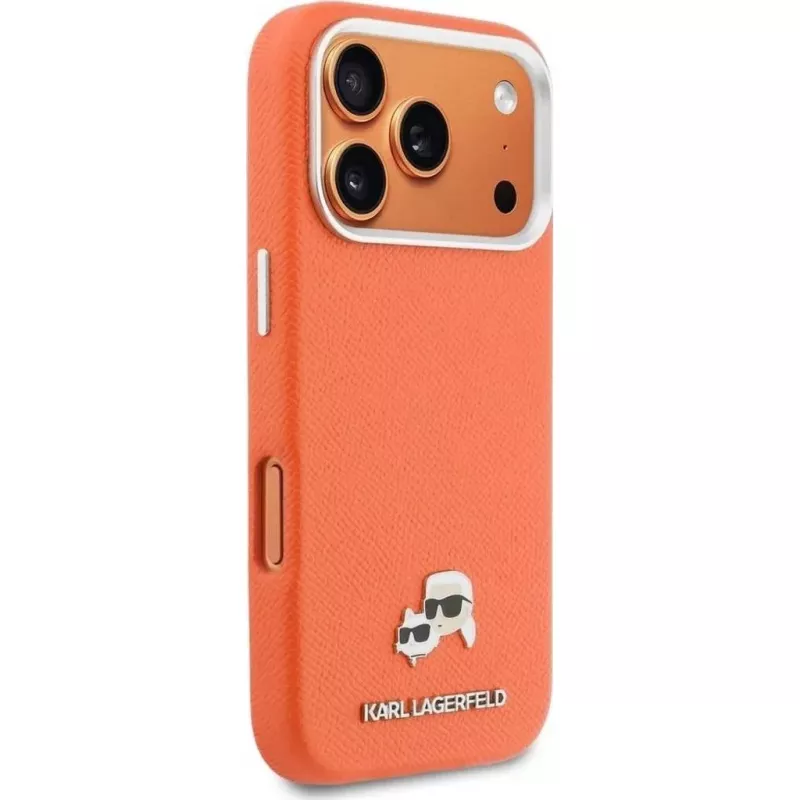 Karl Lagerfeld Karl & Choupette Head Pins Saffiano MagSafe puzdro pre iPhone 17 Pro Max – oranžová