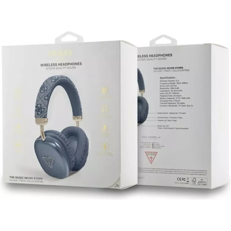 GUESS 4G Triangle Logo bezdrôtové over-ear slúchadlá Bluetooth 5.3 modré
