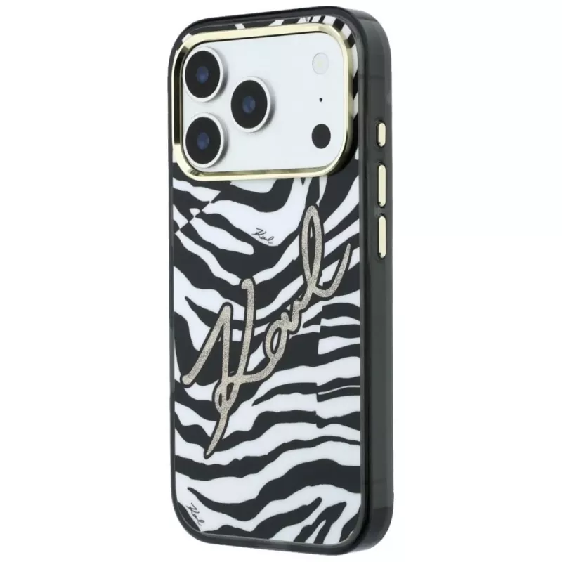 Karl Lagerfeld IML Signature Zebra Glitter MagSafe puzdro pre iPhone 18 Pro Max / 17 Pro Max – zlatá
