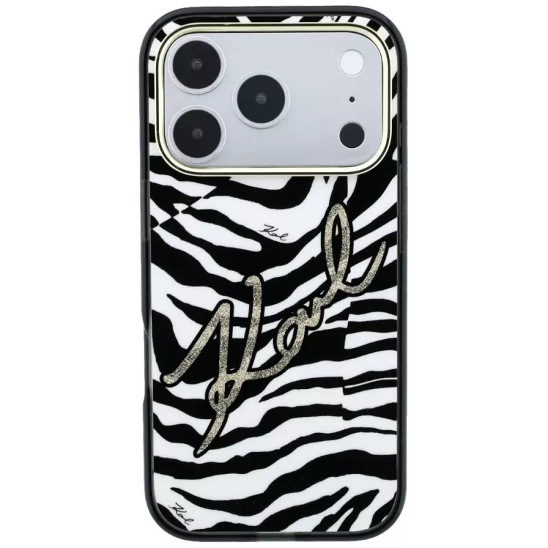 Karl Lagerfeld IML Signature Zebra Glitter MagSafe puzdro pre iPhone 18 Pro Max / 17 Pro Max – zlatá