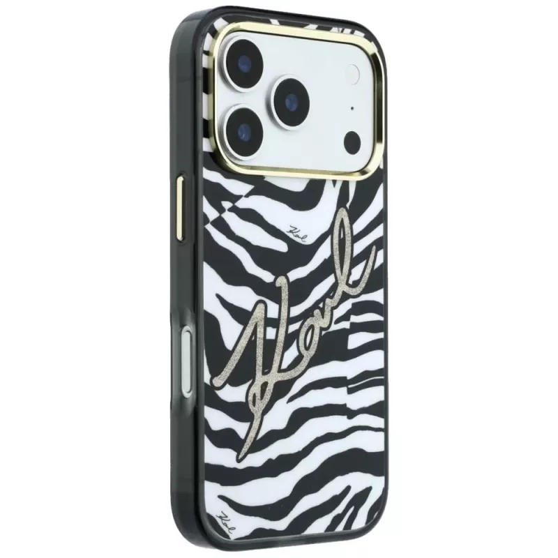 Karl Lagerfeld IML Signature Zebra Glitter MagSafe puzdro pre iPhone 18 Pro Max / 17 Pro Max – zlatá