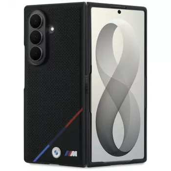 BMW M perforovaná koža s trojfarebným pruhom a kovovými logami MagSafe puzdro pre Samsung Galaxy Z Fold8 Ultra – čierna