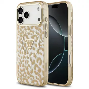 GUESS IML Leopard Glitter Triangle Logo MagSafe puzdro pre iPhone 18 Pro / 17 Pro, hnedá