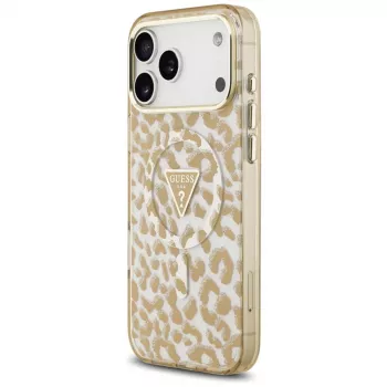 GUESS IML Leopard Glitter Triangle Logo MagSafe puzdro pre iPhone 18 Pro / 17 Pro, hnedá