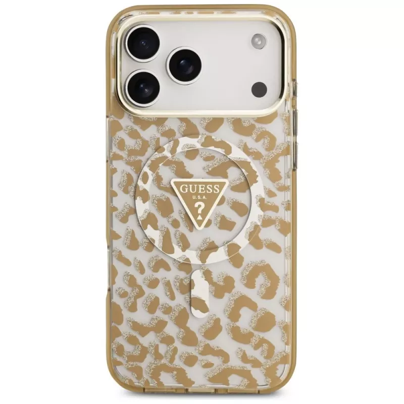 Puzdro MagSafe GUESS IML Leopard Glitter Triangle Logo pre iPhone 18 Pro / 17 Pro, hnedé