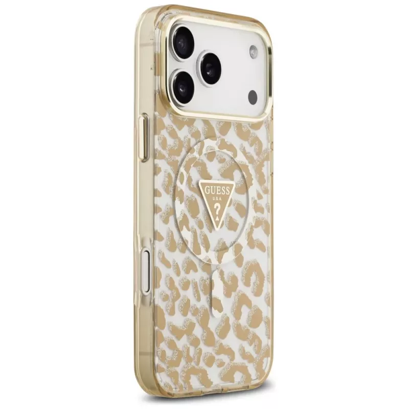 Puzdro MagSafe GUESS IML Leopard Glitter Triangle Logo pre iPhone 18 Pro / 17 Pro, hnedé