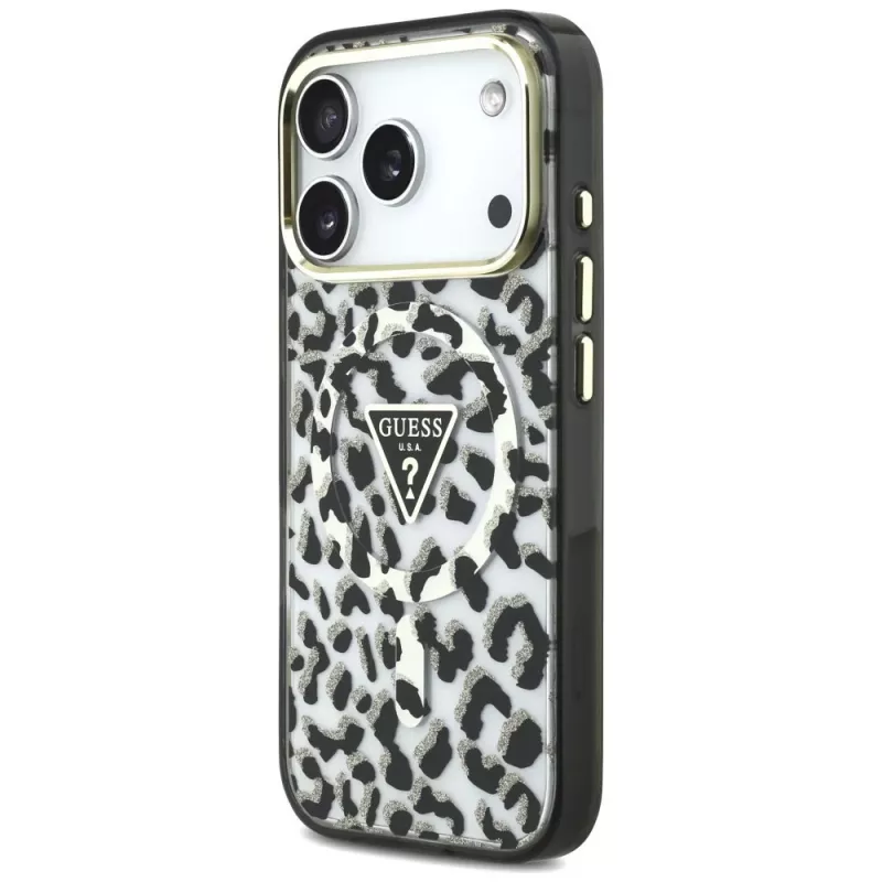 GUESS IML Leopard Glitter Triangle Logo MagSafe puzdro pre iPhone 18 Pro / 17 Pro – čierna