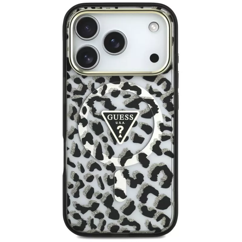 GUESS IML Leopard Glitter Triangle Logo MagSafe puzdro pre iPhone 18 Pro / 17 Pro – čierna