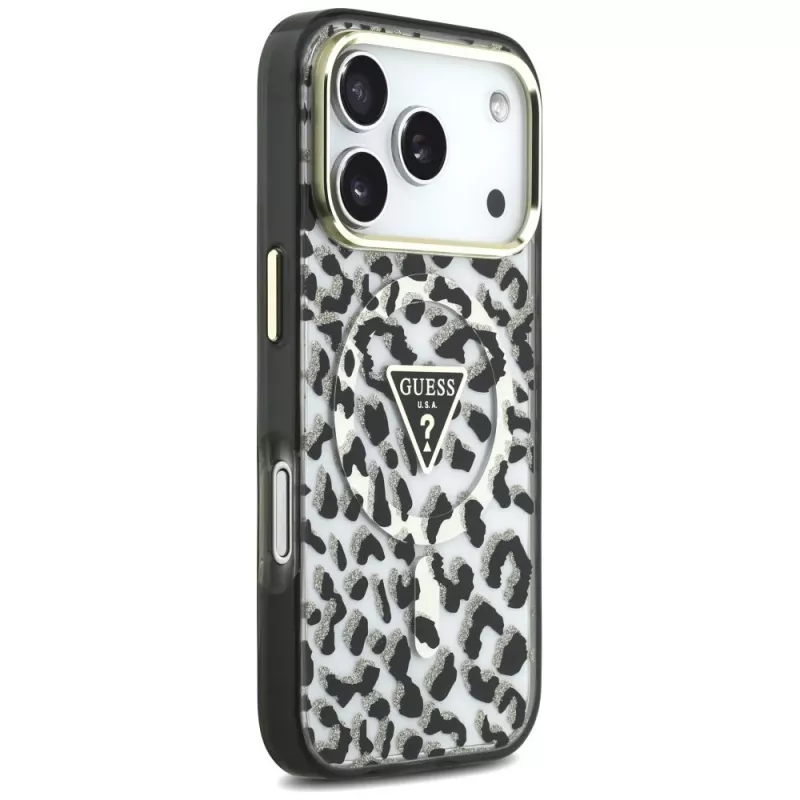 GUESS IML Leopard Glitter Triangle Logo MagSafe puzdro pre iPhone 18 Pro / 17 Pro – čierna